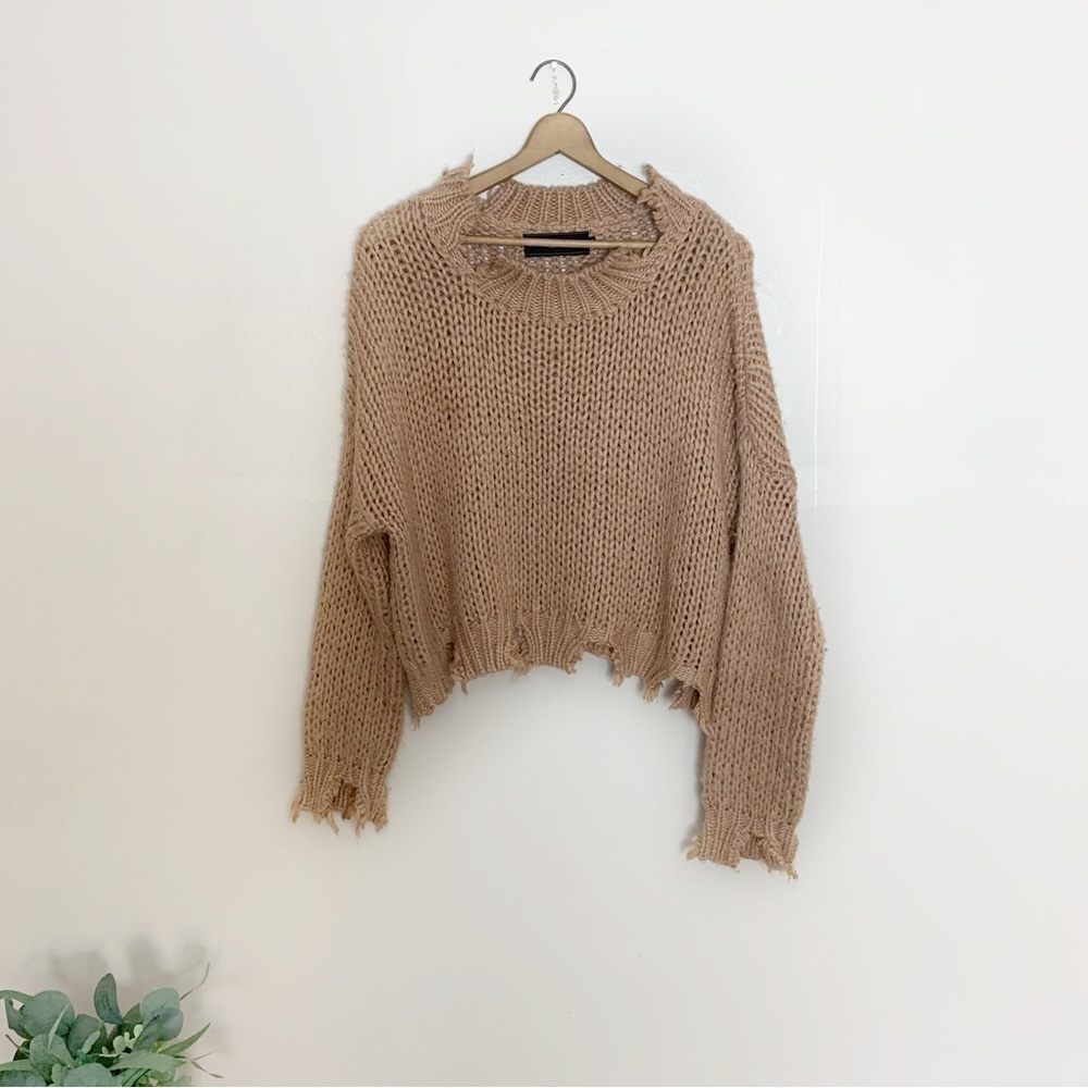 [Akira Chicago] Camel Tan Distressed Pullover Long Sleeve Knit Sweater